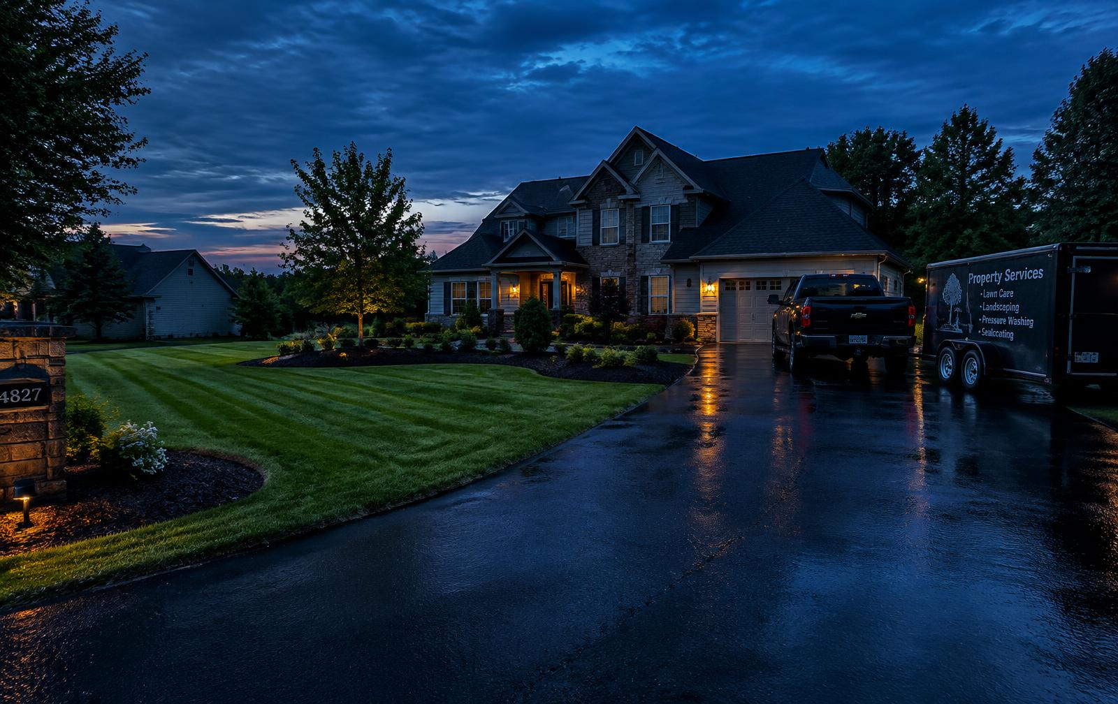 Freshly cleaned yard and sealcoated driveway at dusk